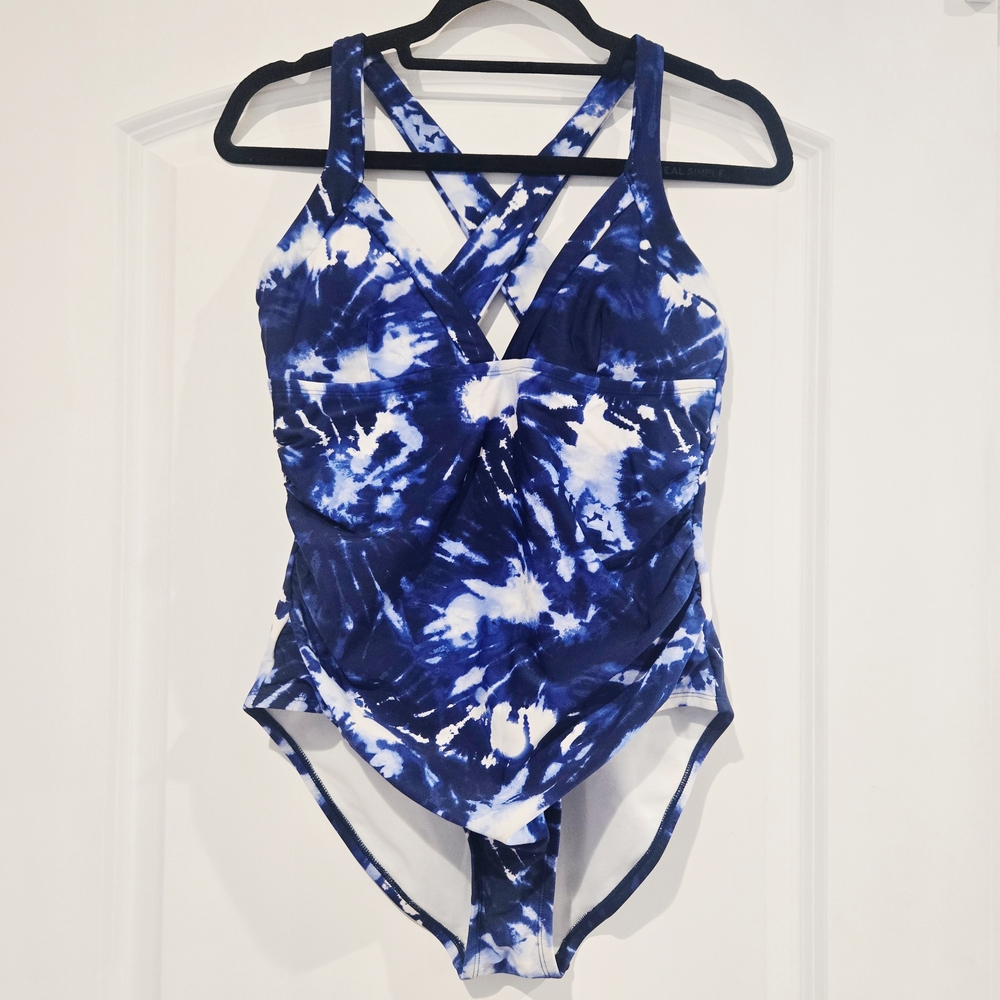 DSG Women's One Piece Swimsuit Blue White Tie Dye Crisscross Back Size Medium